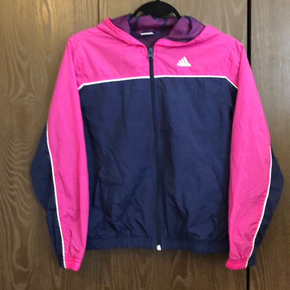 ADIDAS NYLON SIZE 14 PINK/NAVY HOODED WINDBREAKER MESH LINING  - #331